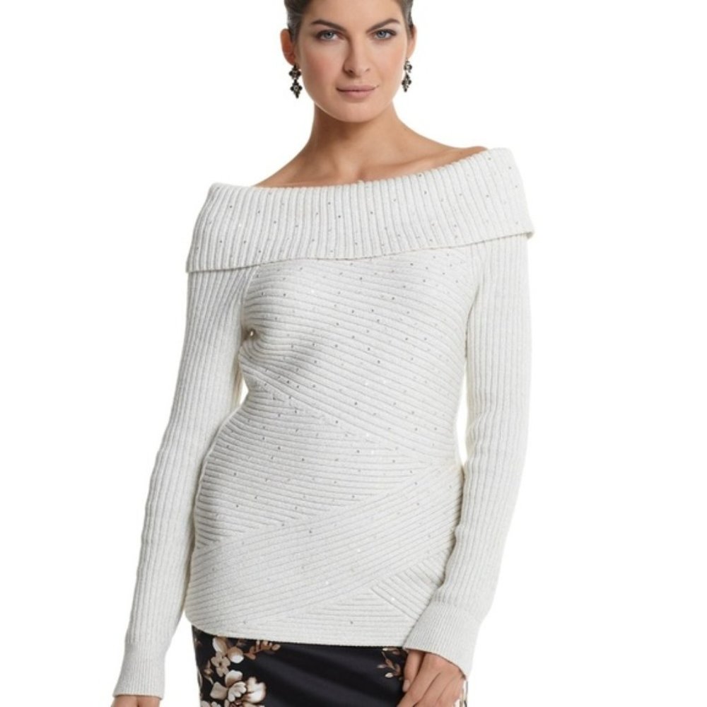 White House Black Market Off white Knit Sequin Sweater Off Shoulder Sz S